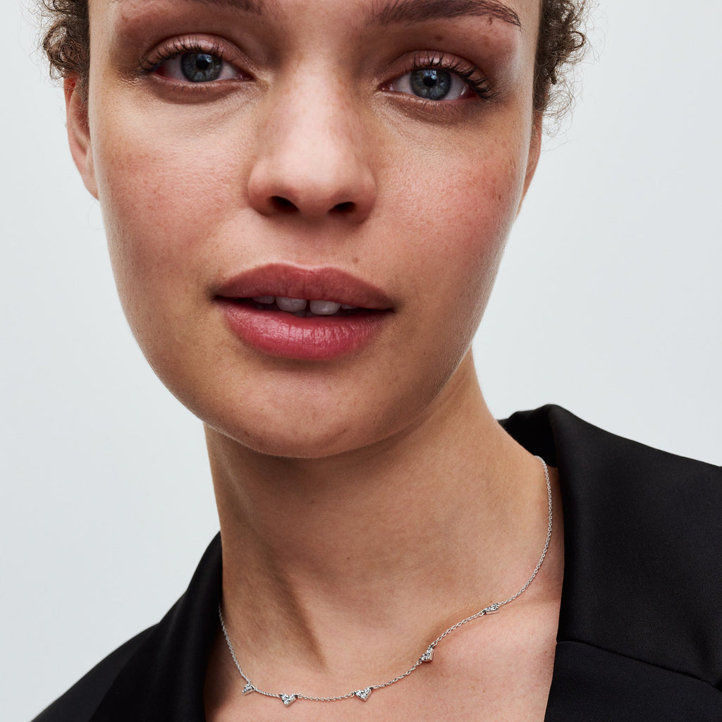Triple Stone Heart Station Chain Necklace