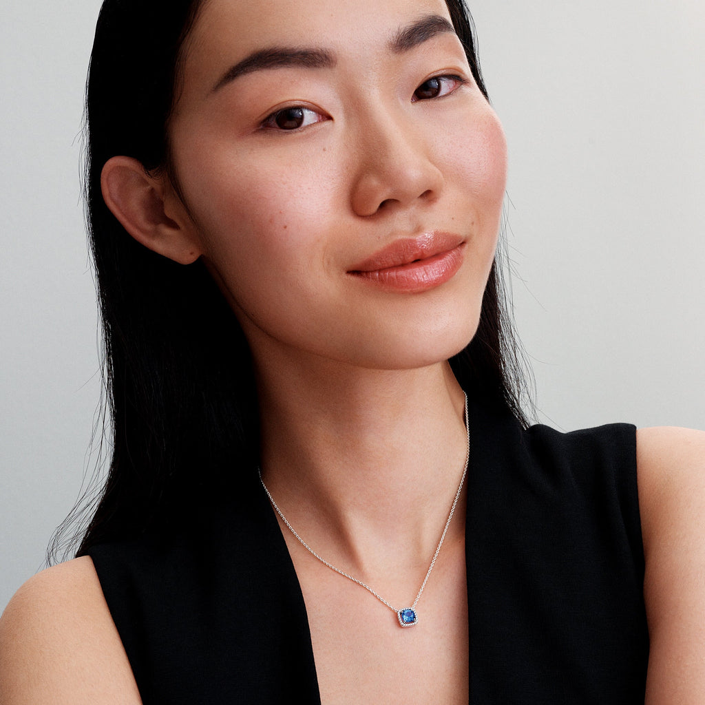 Sparkling Square Blue Halo Pendant Necklace